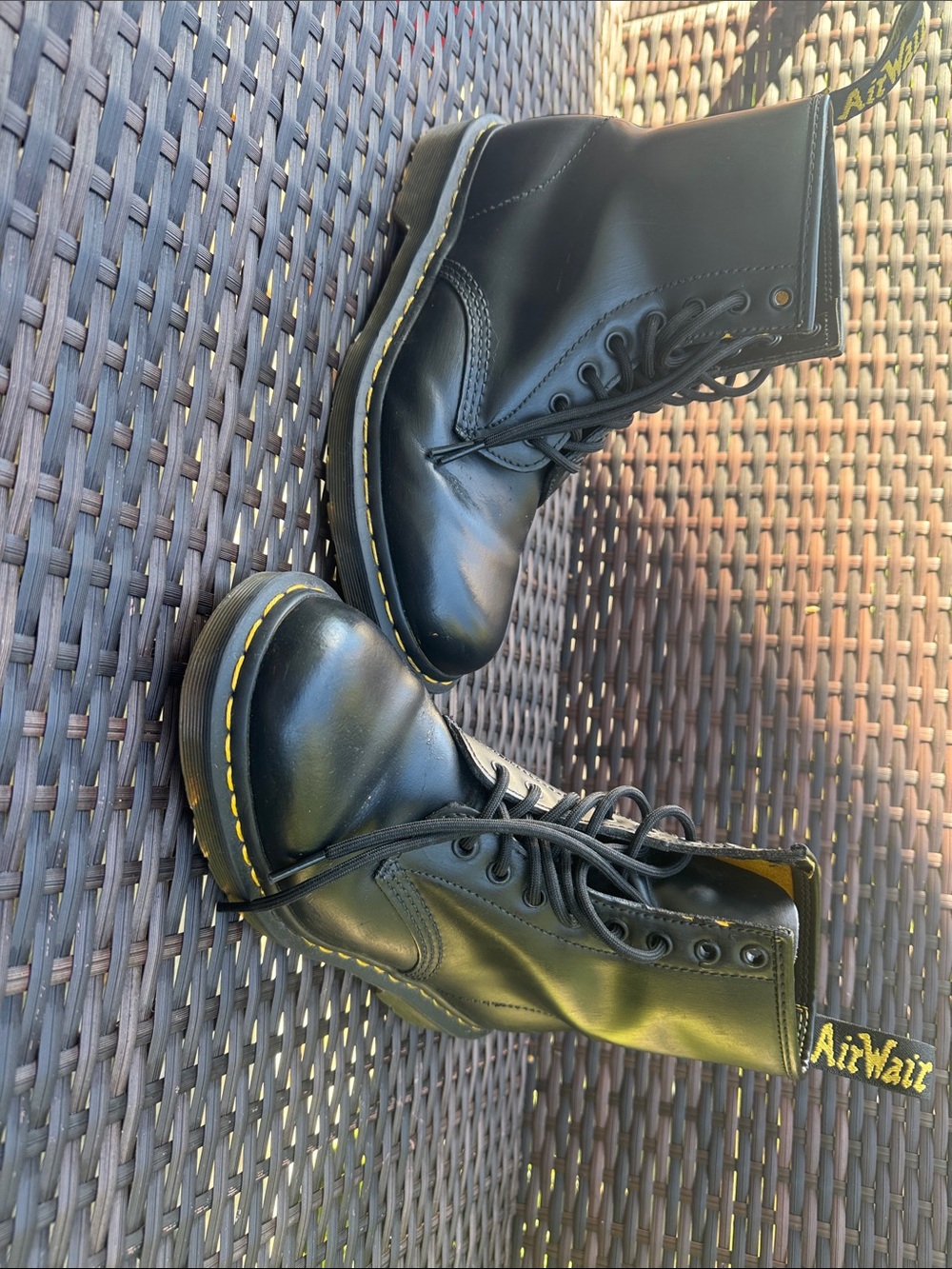Dr. Martens Black Leather 8-Eye Boots with Yellow Stitching